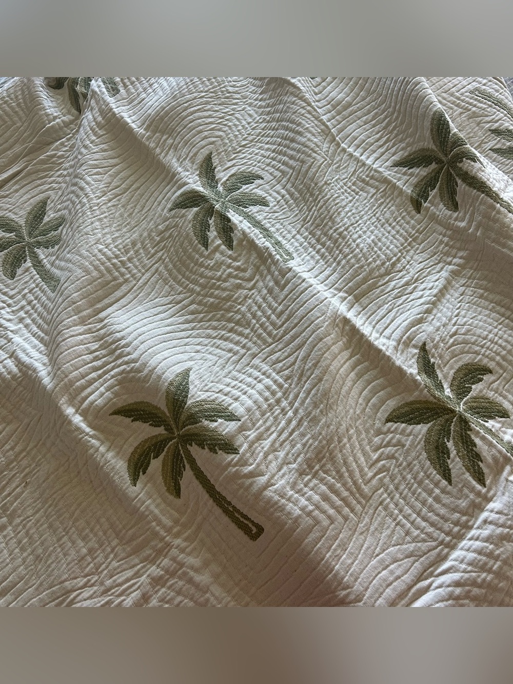 NWOT Waverly Cream & Green Quilted Palm Tree Twin Bedspread 100% Cotton